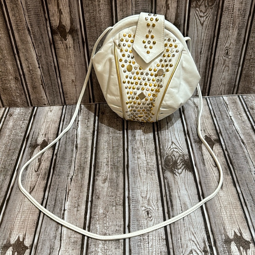 Jeffrey Handbags Vintage Leather White Gold Silver Studded Crossbody Bag